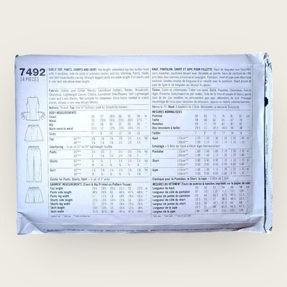 Vintage 1990s Simplicity Sewing Pattern 7492 Girls Top Pants Shorts Skirt 7-10 - Picture 2 of 2